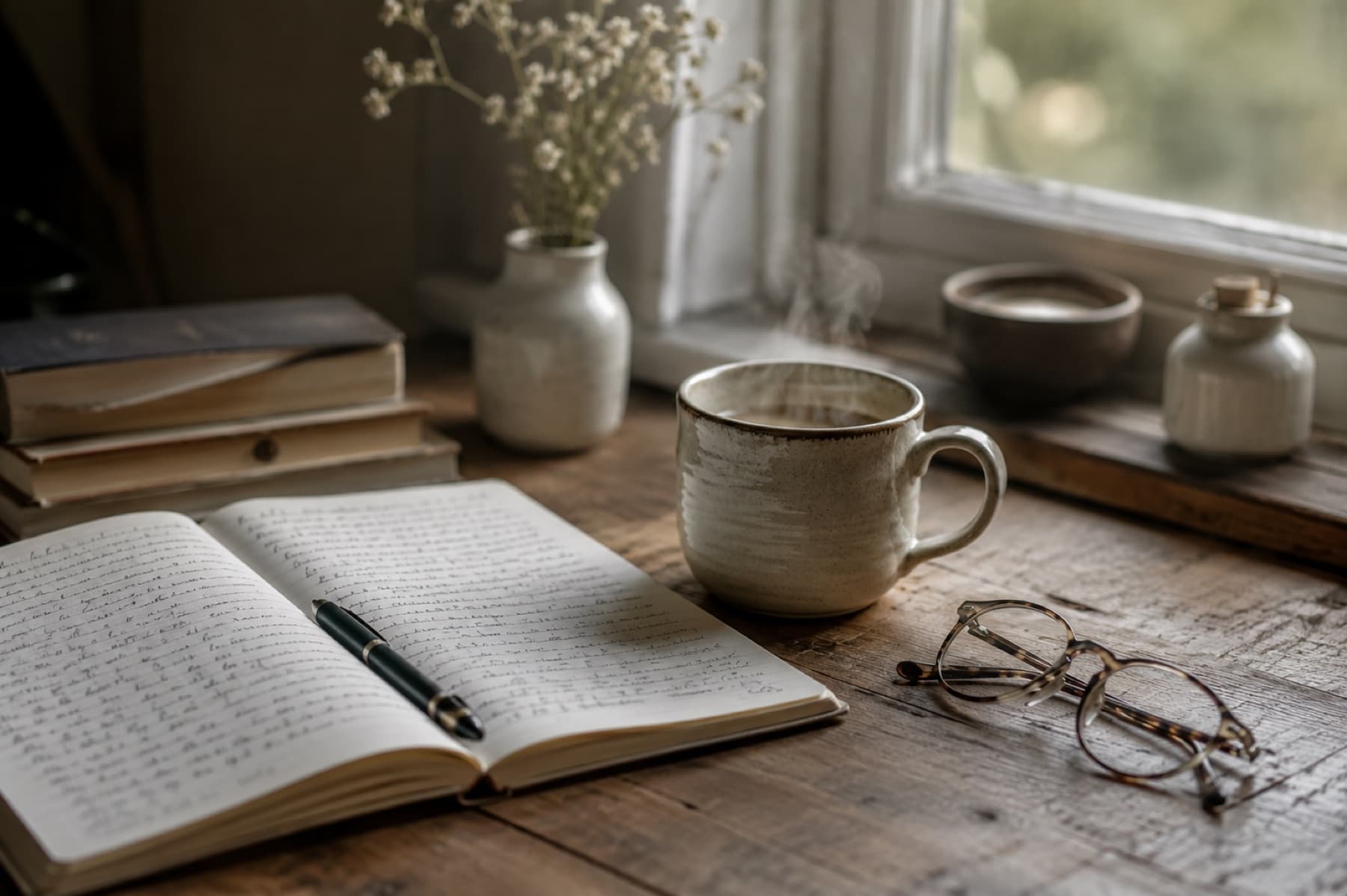 A notebook, pen and warm drink used while researching treatment options