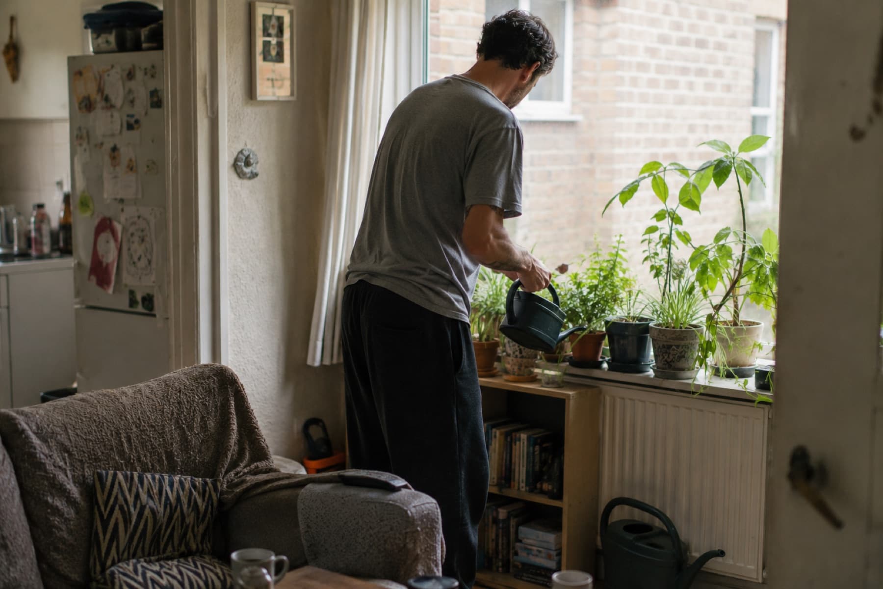 A man caring for houseplants during an ordinary day at home