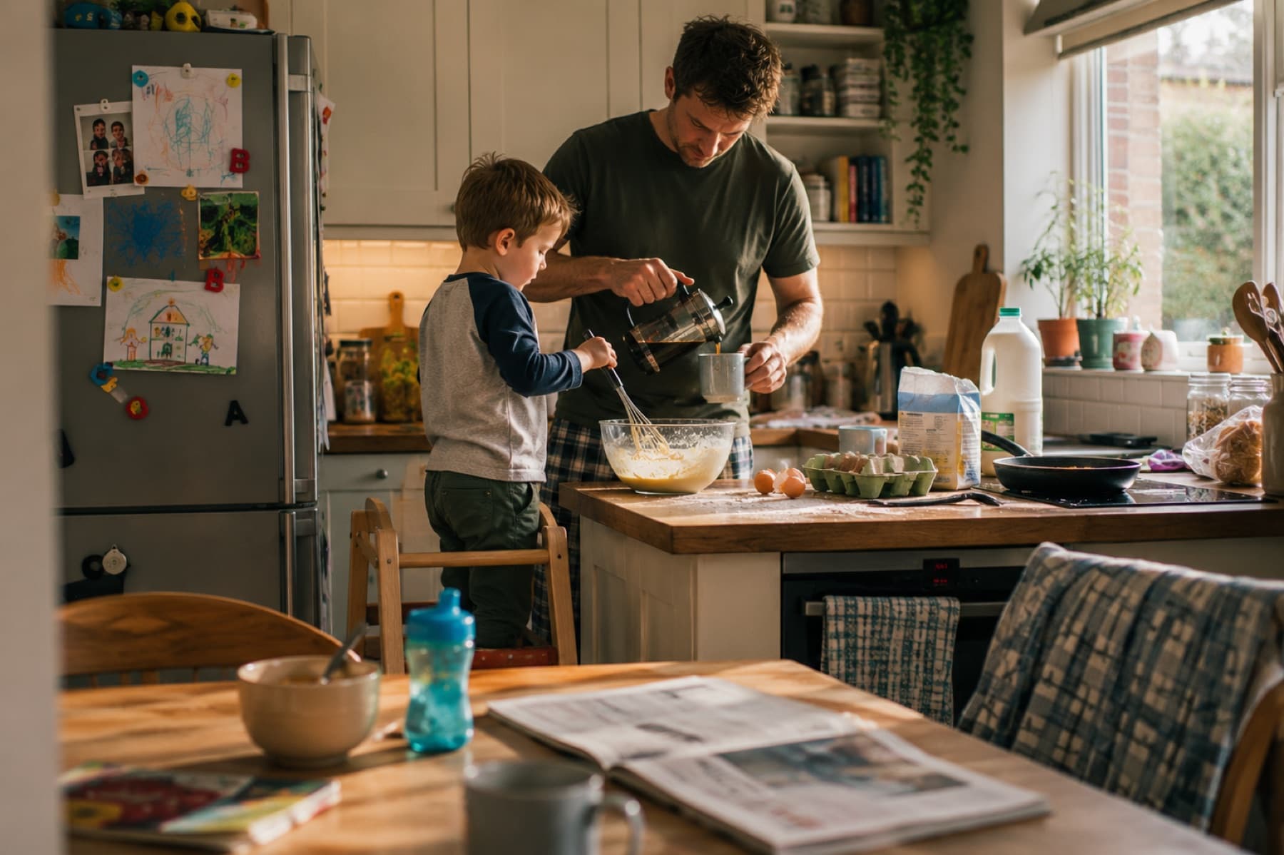 A father and son sharing time together in a family kitchen