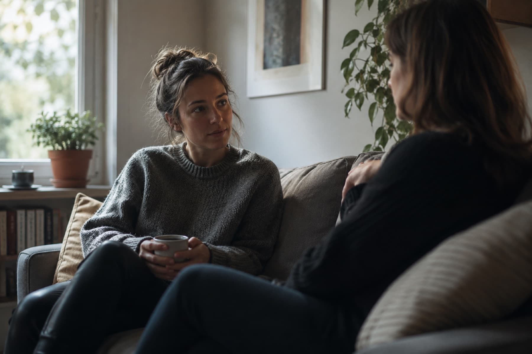 Two women having a private and supportive conversation over tea
