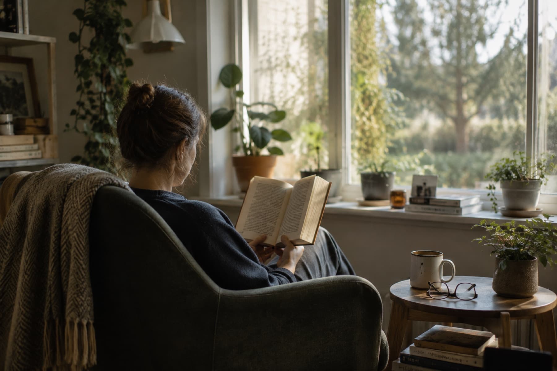 A person pausing in a calm room while considering their mental wellbeing