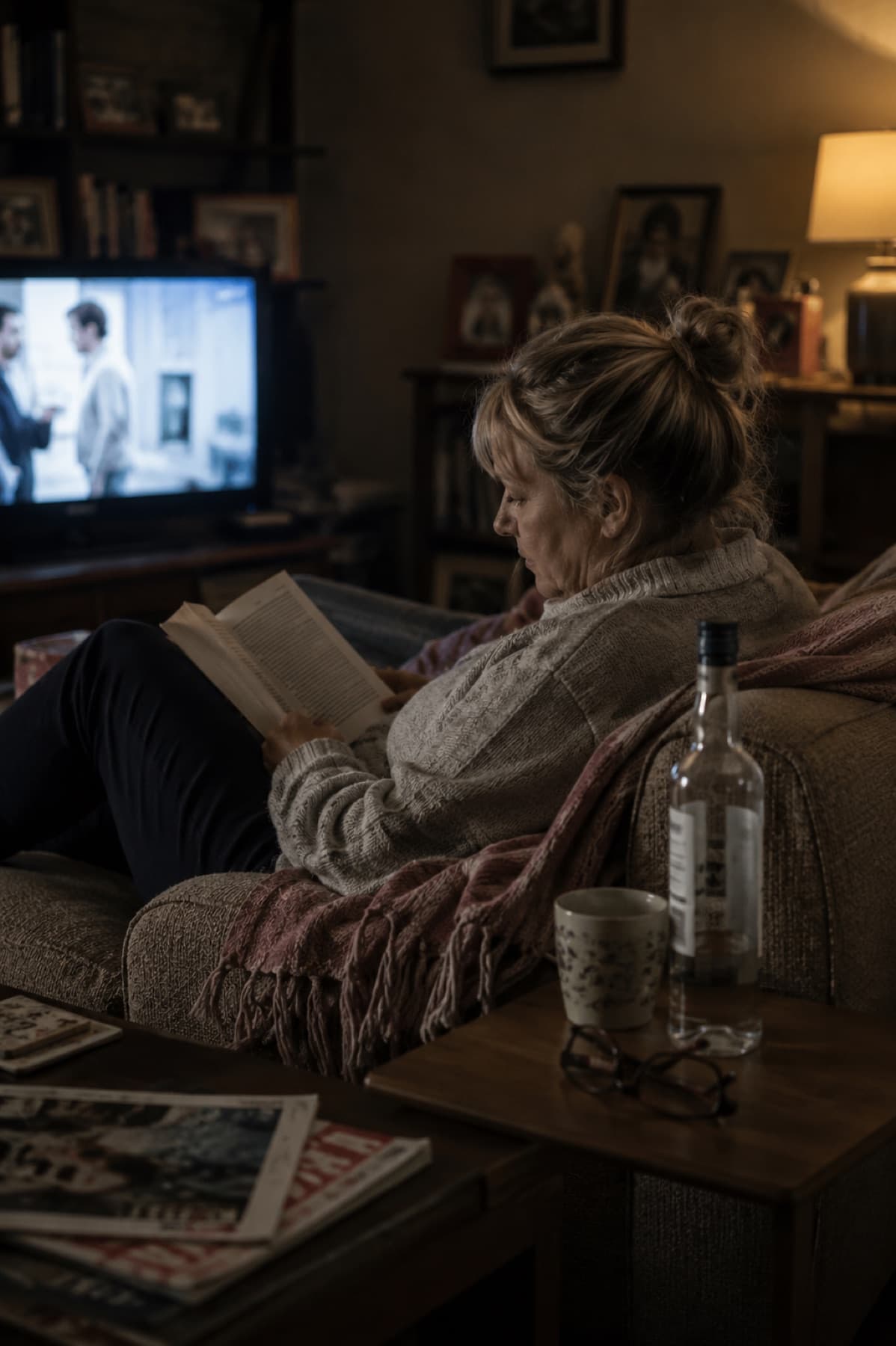 A woman sitting alone at home with alcohol nearby