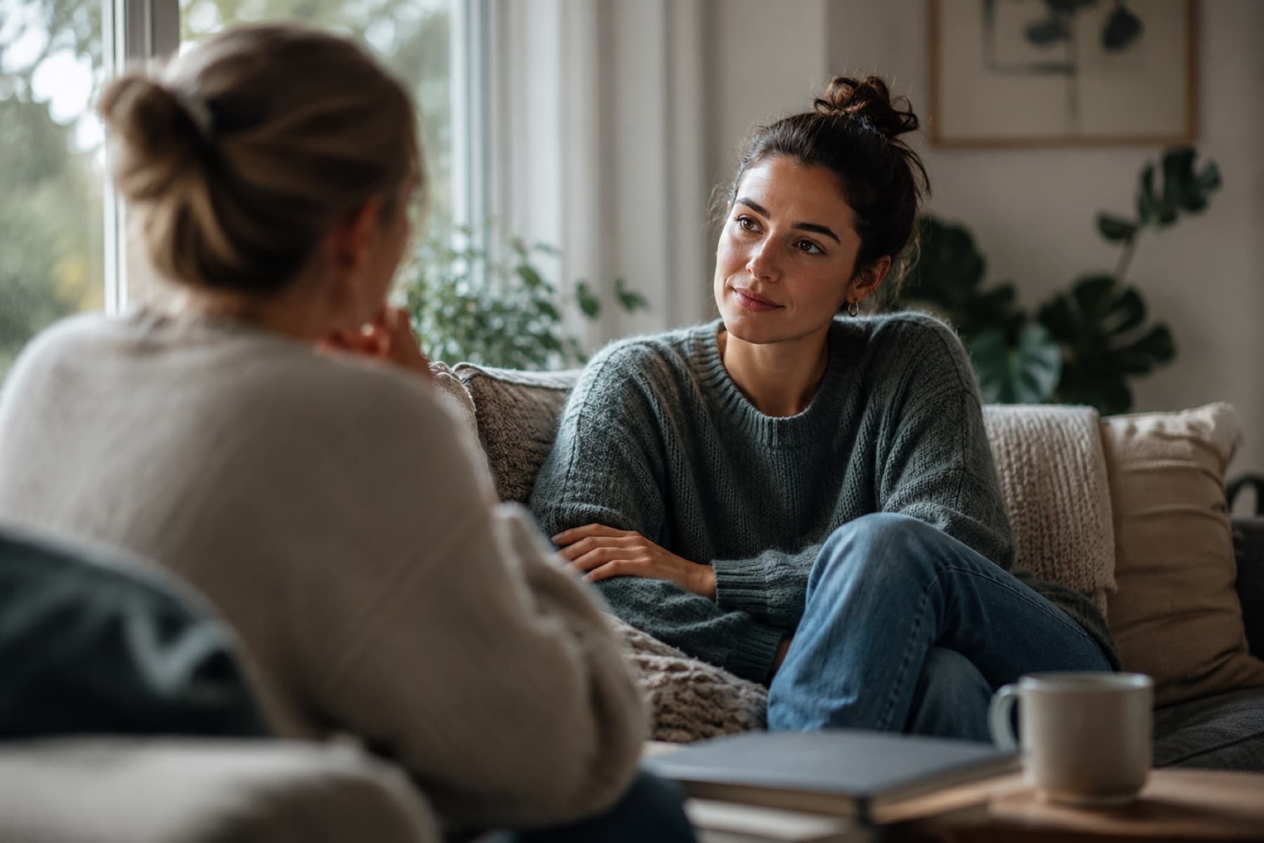 Two women having a calm and confidential conversation about recovery