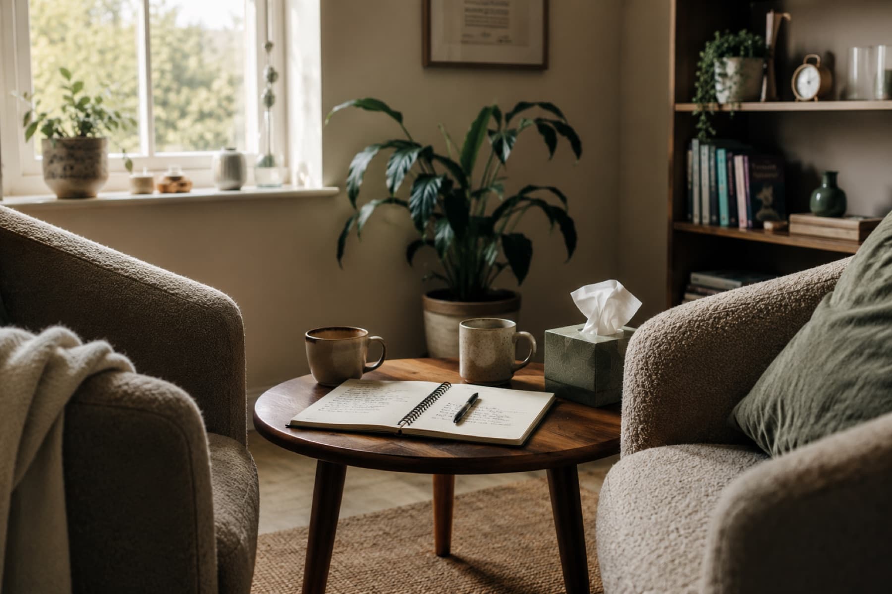Comfortable chairs arranged for a private outpatient therapy session