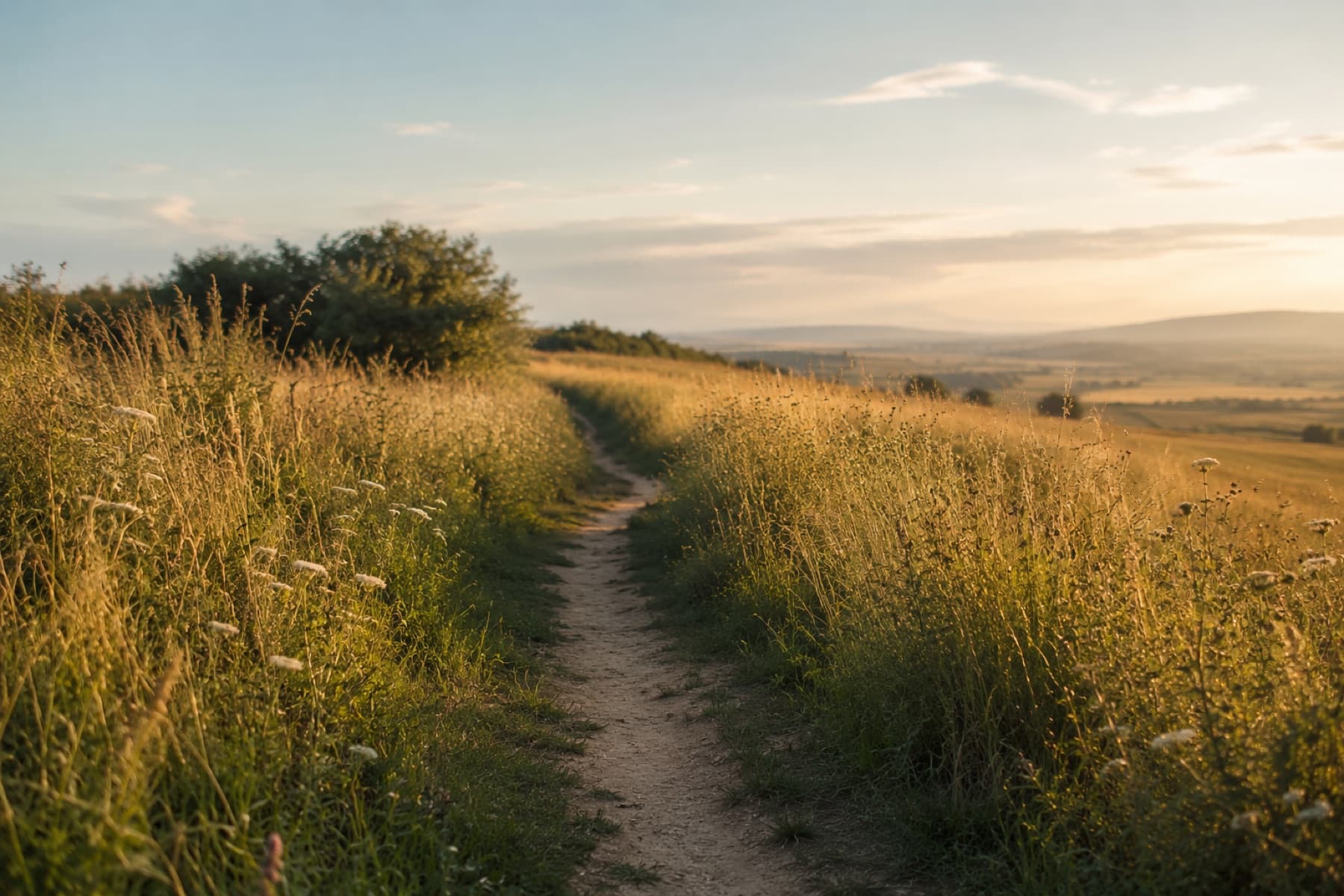 A winding path through open countryside in warm evening light