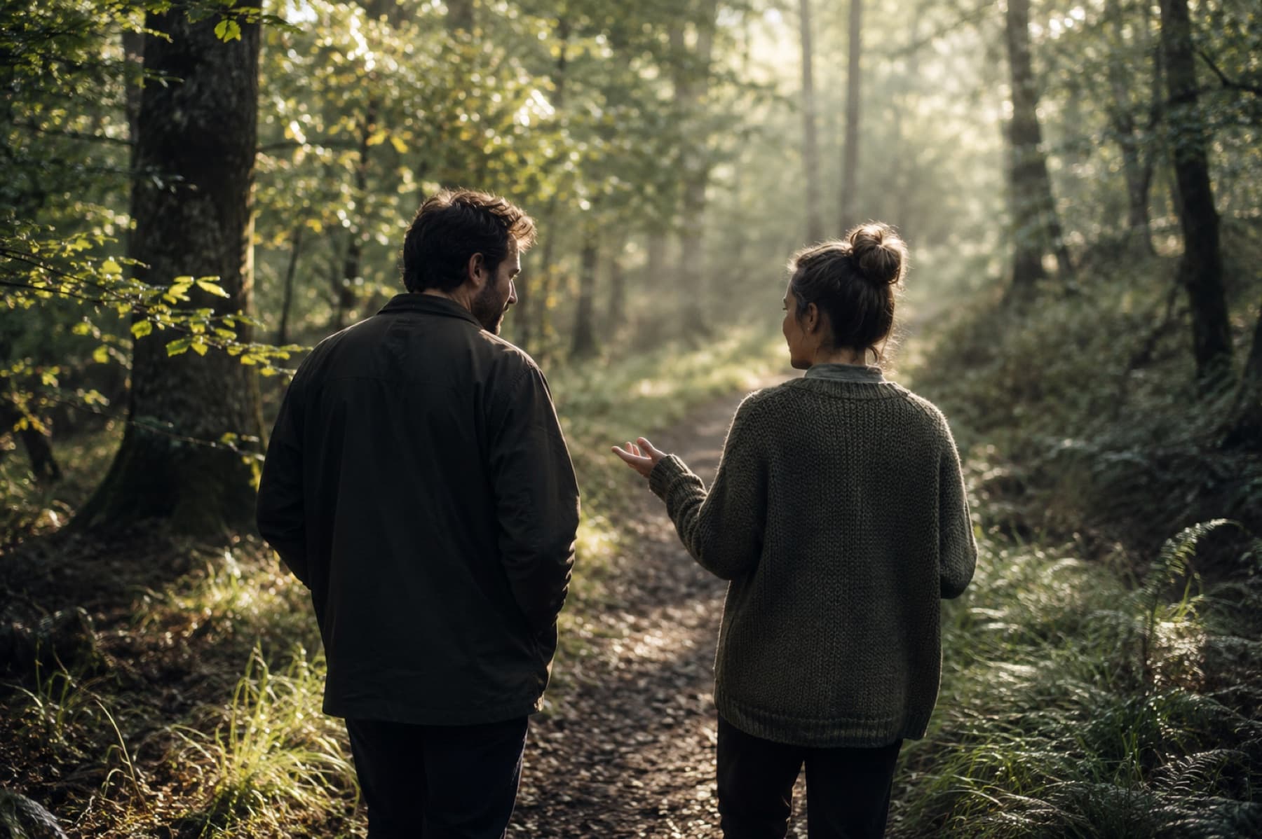 Two people having a confidential therapeutic conversation while walking in woodland