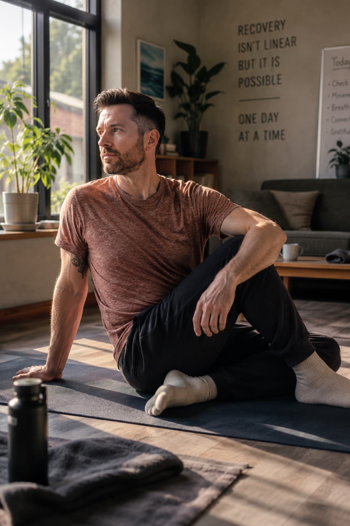 A man taking part in a calm wellbeing session during residential recovery